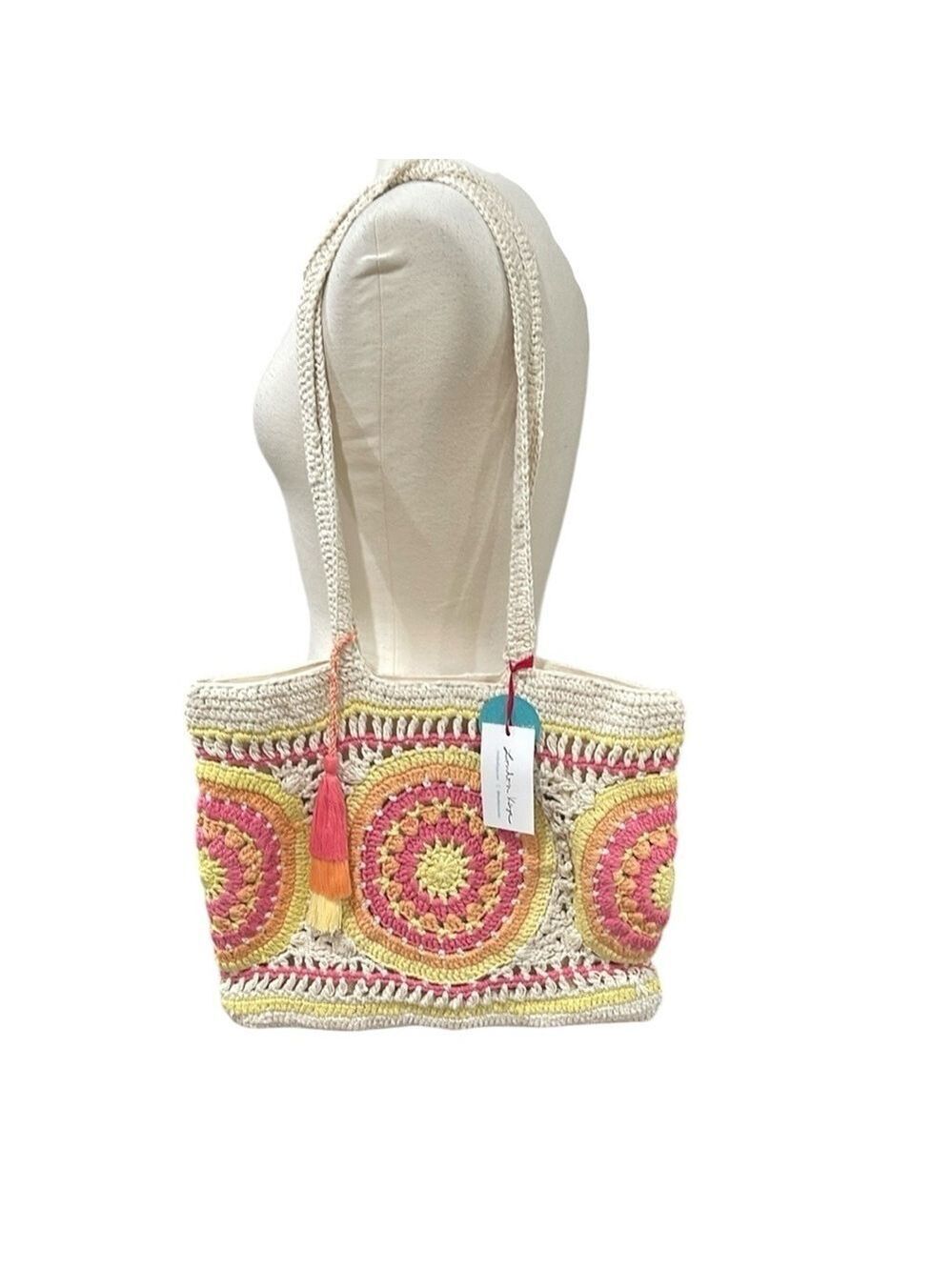 NWT London Kaye Crochet Tote Bag Cream Pink Yellow